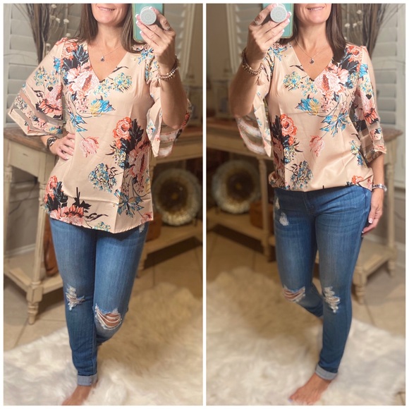 Floral Bell Flare Sleeve Boho Dressy Top 3920 - Picture 1 of 6